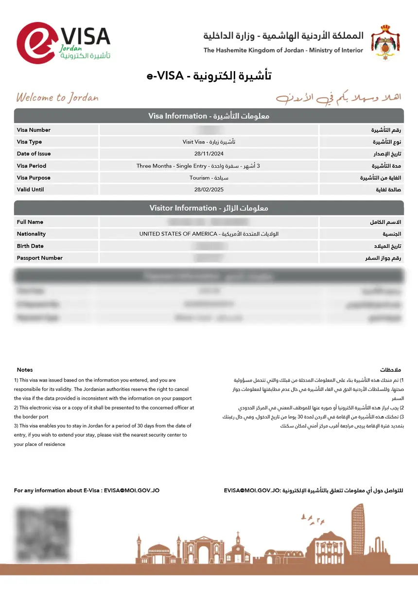 jordan eVisa sample document